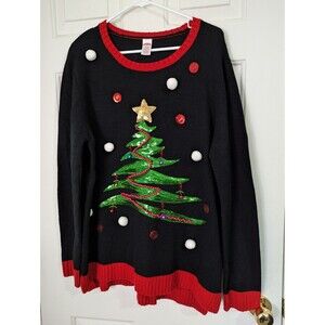 Holiday Time Christmas Tree Sweater Women's XL Black Sequins Bells Ugly Sweater